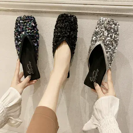 拖鞋女外穿2023夏季新款百搭平底亮片时尚包头半拖鞋网红懒人鞋子图片