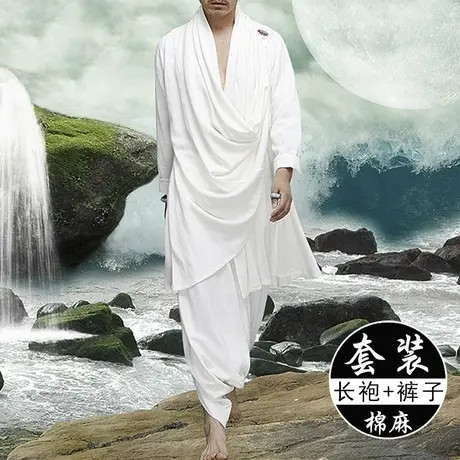 中国风棉麻汉服长袍男装复古装居士服亚麻茶禅服中式茶服民族服装图片