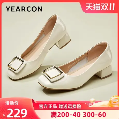 意尔康女鞋2023年秋季新款方头浅口真皮小皮鞋女中跟粗跟漆皮单鞋商品大图