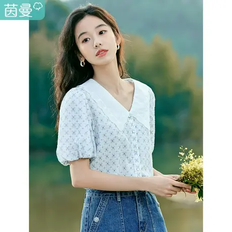 茵曼法式文艺衬衣2023夏季女装新款欧根纱翻领修身兜袖绣花衬衫商品大图