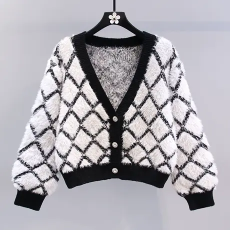 钉珠菱形格水貂绒毛衣外套女2023春装新款宽松慵懒风短款针织开衫图片