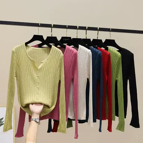 欧货V领针织开衫外套女内搭打底衫薄毛衣2023新款修身外穿上衣潮商品大图
