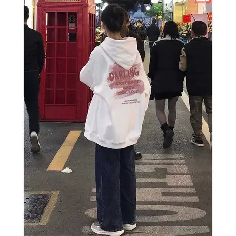 连帽卫衣女2023新款秋冬加绒加厚宽松小众设计感慵懒风外套小个子图片