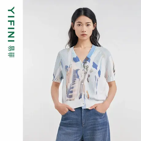 [专柜同款]Yifini/易菲纯棉印花短款针织开衫女百搭外套D04T1005商品大图