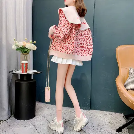 海军领豹纹毛衣外套女春秋2022年新款日系慵懒风外穿短款针织开衫商品大图