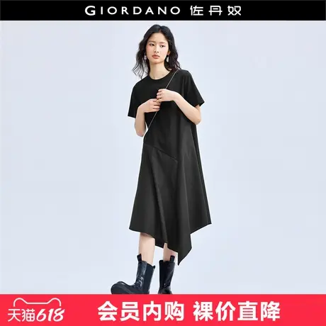 佐丹奴黑色连衣裙女拼接不规则下摆设计感圆领长款伞裙女18464630图片