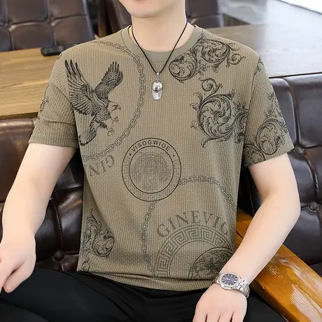 2025夏季新款男士冰丝短袖T恤加肥加大码速干男装无痕欧货半袖潮图片
