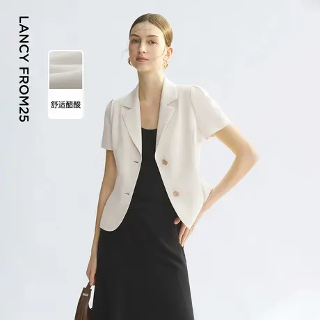 朗姿平驳领醋酸短袖商务西装外套黑白色ol西服2025年夏季新款图片