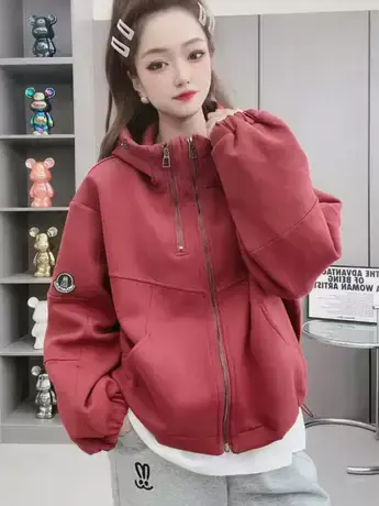 韩版休闲连帽双拉链卫衣开衫女2023秋季新款时尚宽松百搭外套潮款图片