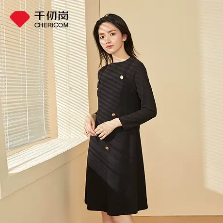 千仞岗2021春夏新款女士连衣裙a字收腰黑色显瘦简约裙子S263339I图片