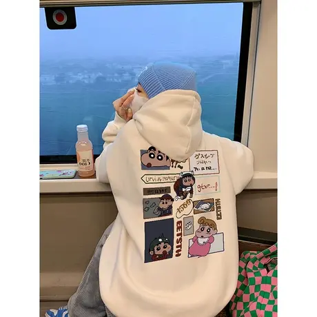 美式bf慵懒风卡通连帽卫衣女减龄ins潮大码秋冬加绒加厚情侣外套商品大图