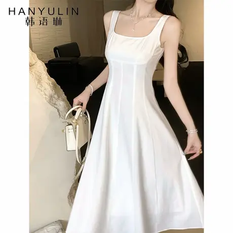 韩语琳 6/30 法式白色方领吊带连衣裙女夏季复古收腰显瘦气质长裙图片