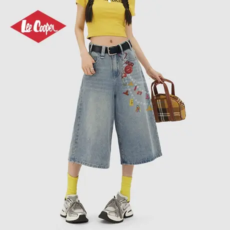 Lee Cooper/李库珀 复古涂鸦牛仔短裤女士夏季水洗做旧阔腿七分裤商品大图