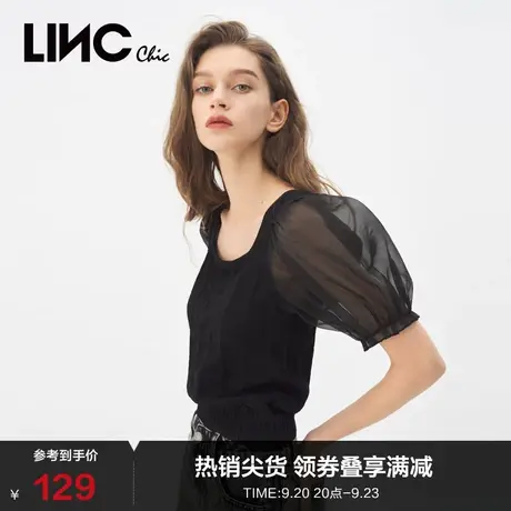 LINCCHIC金羽杰上衣女浪漫复古宫廷泡泡袖针织上衣S212SW124图片