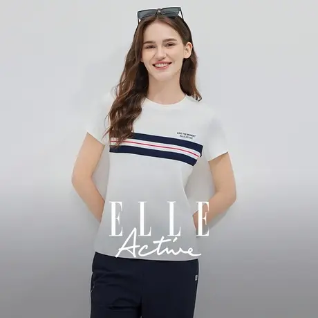【花花推荐】ELLE Active条纹短袖衫白色t恤女25夏款纯棉透气亲肤商品大图