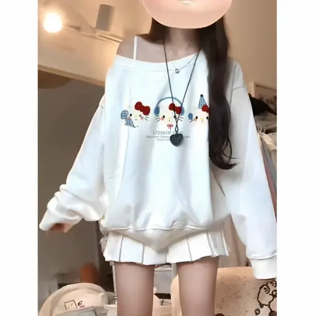 白色韩版宽松斜领露肩卫衣女秋季新款甜辣妹猫咪印花小个子上衣潮商品大图