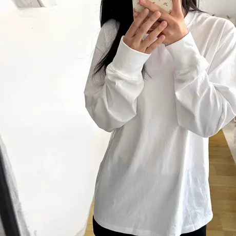 白色纯棉长袖T恤女春秋季韩版宽松内搭可外穿打底衫简约纯色上衣图片