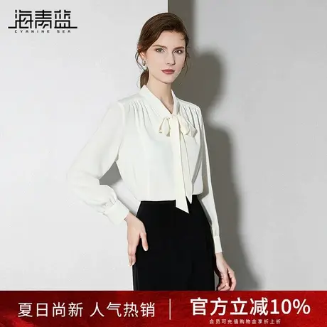海青蓝时尚气质系带领通勤衬衫女2025春装新款白色职业面试衬衣商品大图