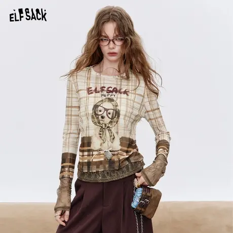 妖精的口袋蕾丝拼接格纹印花长袖t恤女2025秋新款修身设计感上衣商品大图