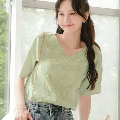 桔熊夏季法式复古凉爽蕾丝拼接雪纺衫胖妹妹上衣女装大码AB17199商品大图