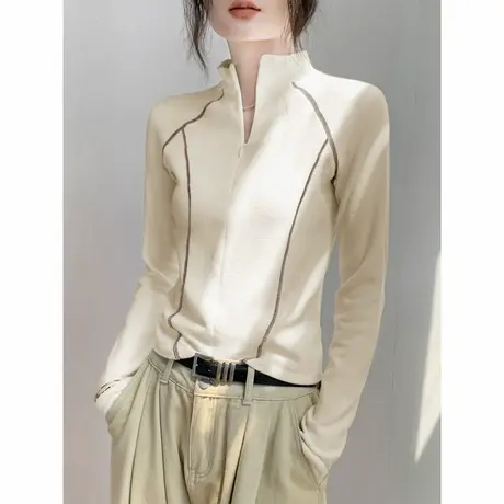 KV真维斯美式拉链薄绒打底衫女秋冬季修身长袖T恤半高领内搭上衣图片