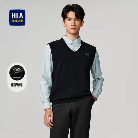 HLA/海澜之家双领设计针织衫25秋新假两件保暖字母印花柔软毛衣男商品大图