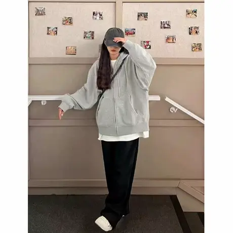 灰色连帽卫衣外套女早秋冬季2025新款美式宽松开衫加绒遮臀上衣潮商品大图