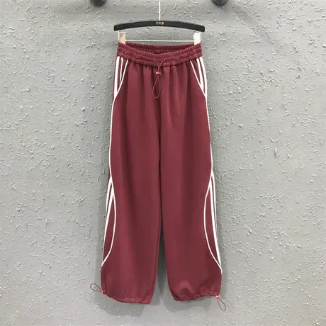 2023秋季新款美式条纹设计感休闲运动裤女松紧腰宽松显瘦直筒裤潮商品大图