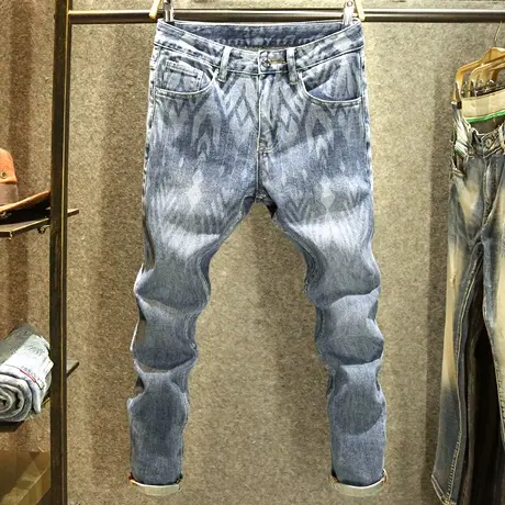 高端潮牌暗纹印花男士牛仔裤修身韩版男裤秋冬款弹力休闲小直筒裤图片