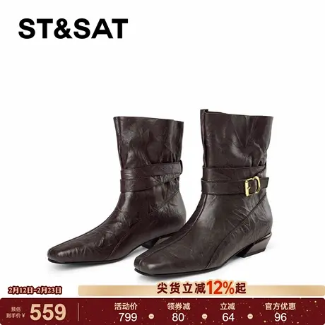 星期六英伦风短靴女2025秋冬复古方头粗跟靴子后拉链皮带扣时装靴商品大图