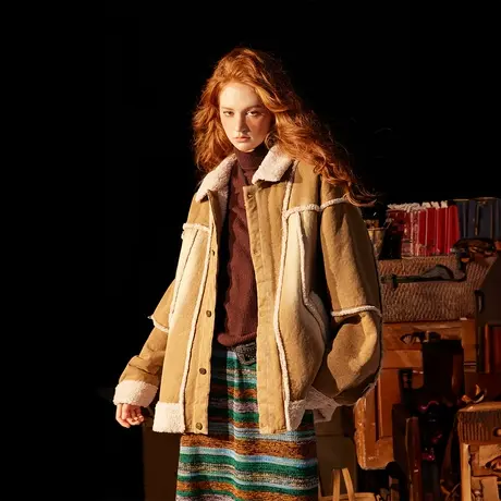 冬季加厚羊羔毛外套2023新款复古拼接棉服女做旧宽松oversize棉衣商品大图