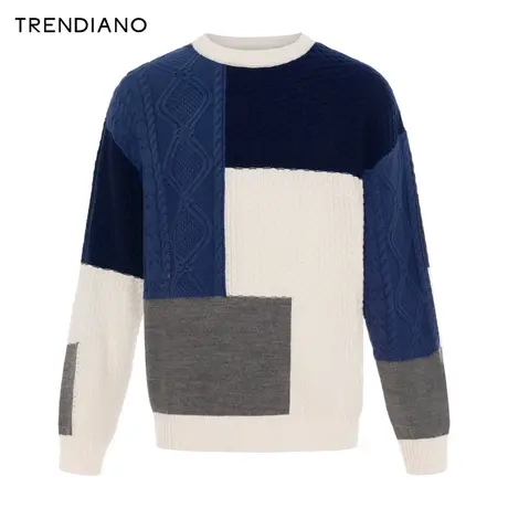 TRENDIANO官方绵羊毛撞色时尚宽松圆领毛衣男潮2023新款冬季图片