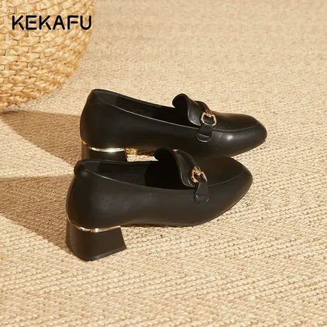 珂卡芙黑色小皮鞋女秋款软皮乐福鞋2023新款秋季女鞋通勤粗跟单鞋商品大图