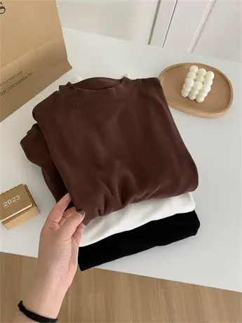 秋冬BI备软糯立领保暖打底衫女基础百搭纯色套头长袖T恤内搭上衣商品大图