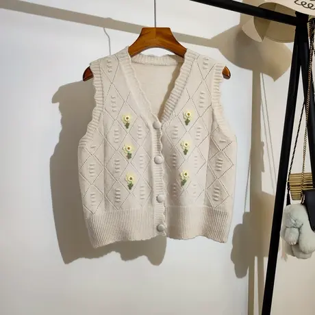 学院风针织马甲开衫女秋冬2023新款v领叠穿立体小花毛衣背心外搭商品大图
