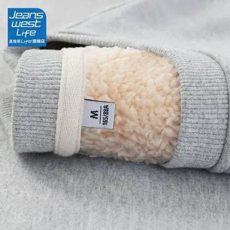 真维斯LIFE灰色加绒卫衣女冬季羊羔绒加厚圆领无帽宽松上衣外套女商品大图