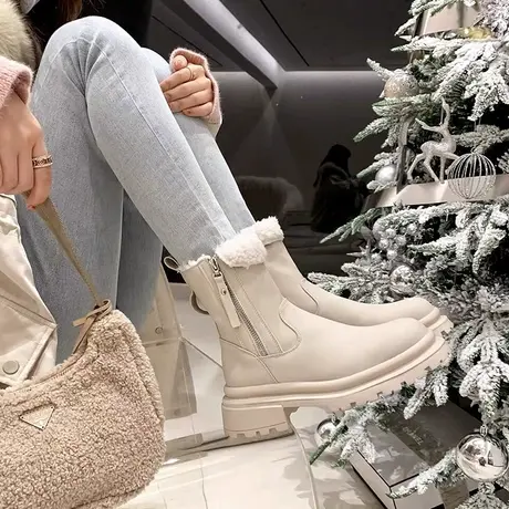 短靴女2023新款冬季加绒加厚保暖羊羔毛毛雪地靴女棉靴厚底马丁靴商品大图