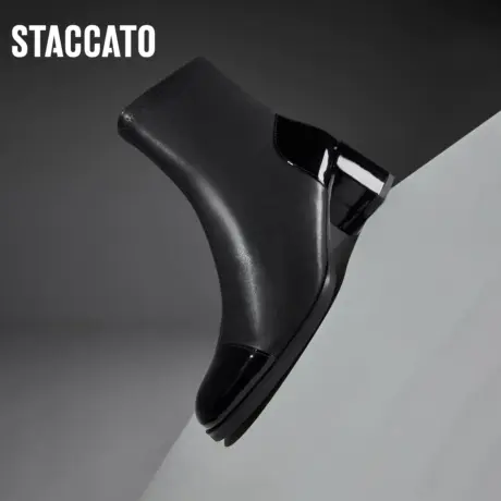 思加图冬季新款奶油鞋短靴圆头复古粗跟时装靴女皮靴EQ901DD3商品大图