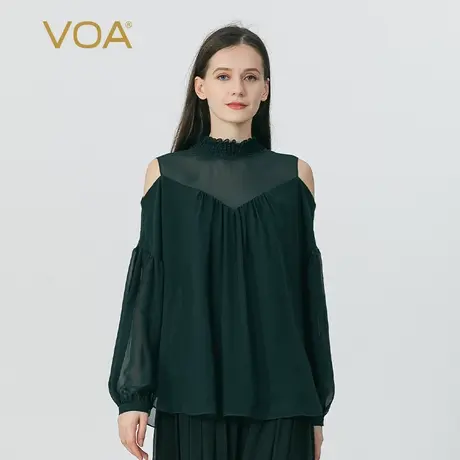 VOA孔雀绿双层乔其桑蚕丝木耳边半高领露肩长袖宽松伞式真丝T恤衫图片