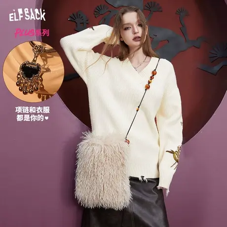 妖精的口袋宽松中长款v领毛衣女2023冬季新款白色套头慵懒风上衣商品大图