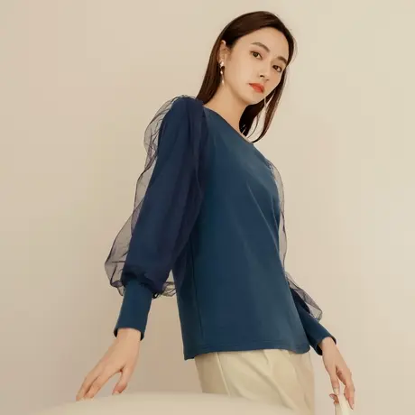 桔熊秋冬季浪漫纯色双层网纱泡泡袖磨毛棉毛衫上衣女大码AB13569图片