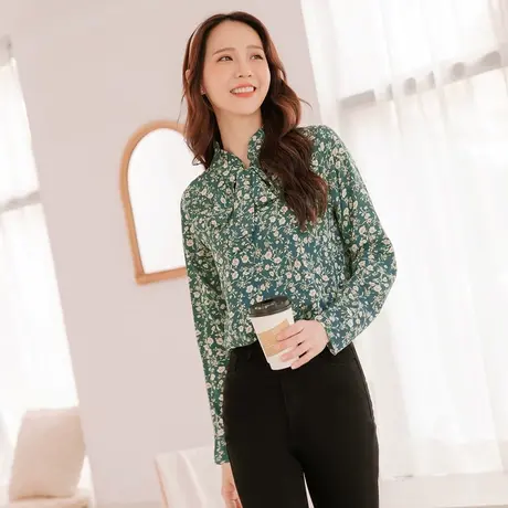 桔熊春秋季韩版浪漫碎花蝴蝶结系带立领衬衫上衣森女大码AB16239商品大图