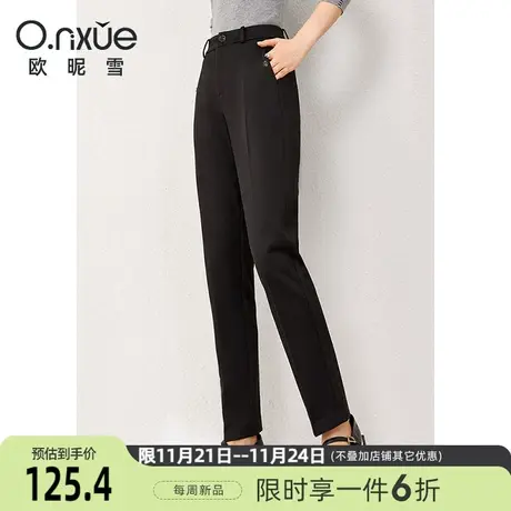 欧昵雪2023冬季新款休闲裤女时尚高腰显瘦直筒呢子烟管裤黑色长裤商品大图
