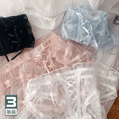 日系轻薄蕾丝蝴蝶结网纱交叉丝带白色短裤甜美性感少女内裤秋薄款商品大图