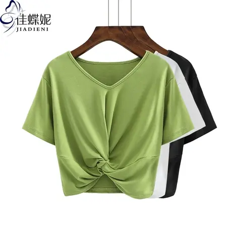 夏季纯棉V领网红同款短袖上衣韩版修身显瘦短款女装高腰下摆打结图片