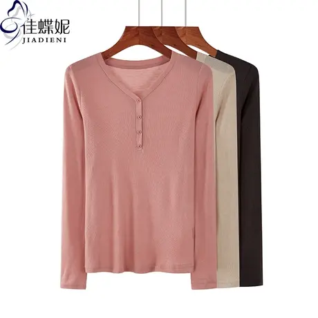 秋季新款韩版纯棉修身V领显瘦纯色纽扣长袖体恤上衣内外搭女装商品大图