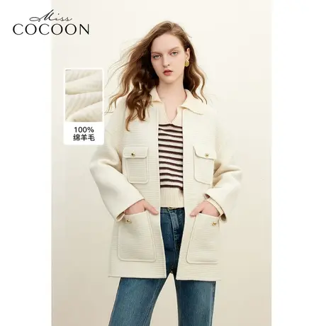 MISSCOCOON宽松圆领绵羊毛外套2023冬季新女横纹肌理感毛呢大衣商品大图