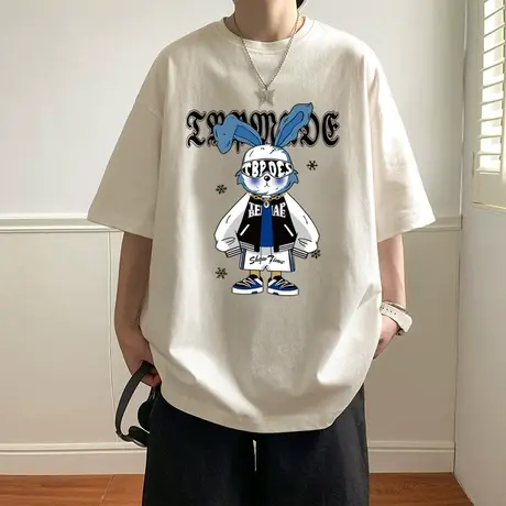 短袖T恤男夏季ins潮牌2024新款男生复古宽松青少年纯棉港风体恤衫商品大图