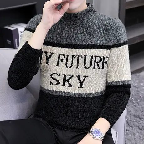 男士毛衣冬季线衣半高领加厚保暖衣服黄金貂打底衫中领潮流针织衫商品大图