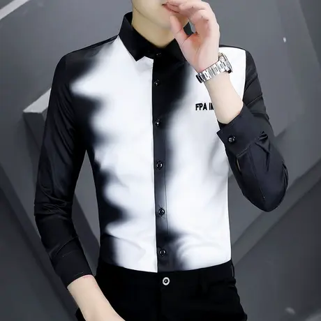 痞帅拼色休闲衬衫男士长袖秋装韩版潮牌新款夜场设计感个性衬衣服商品大图